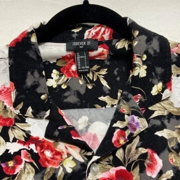 Forever 21 Button Down Shirt Men's Large Black Red White Floral Short Sleeve GUC - Picture 5 of 7